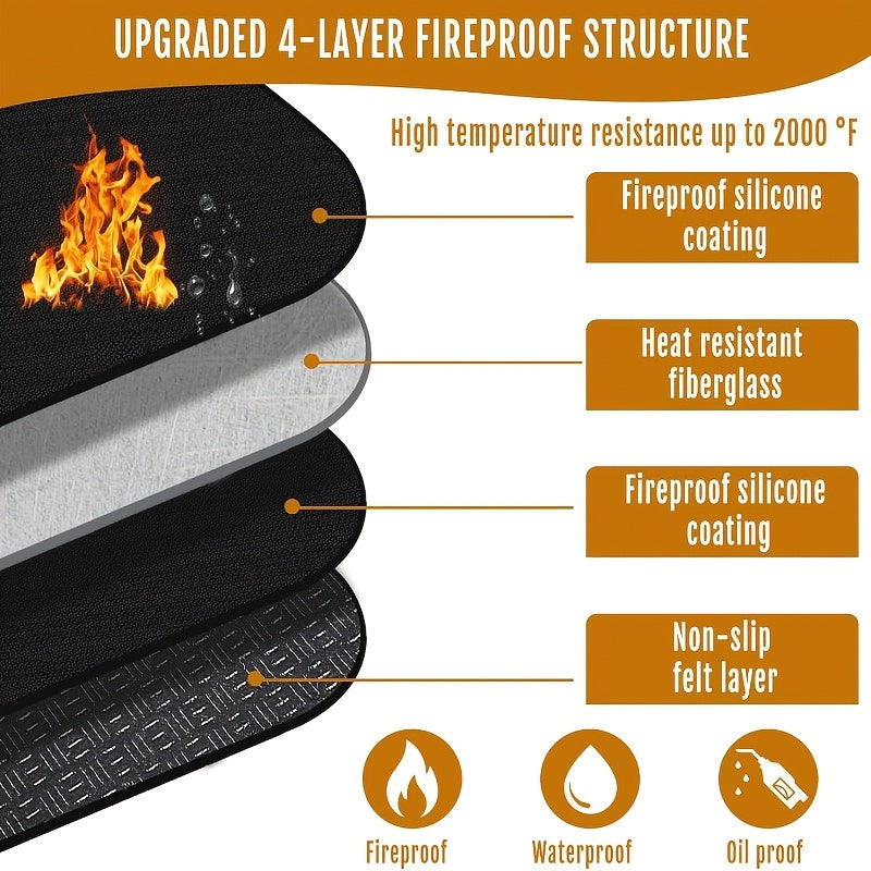 Black Fireproof Silicone Fireplace Hearth Rug, measuring 101.6x48.26 cm, designed with a heat resistant mat and anti-slip bottom. This fiberglass fire resistant pad is perfect for protecting wood stove floors indoors or outdoors.