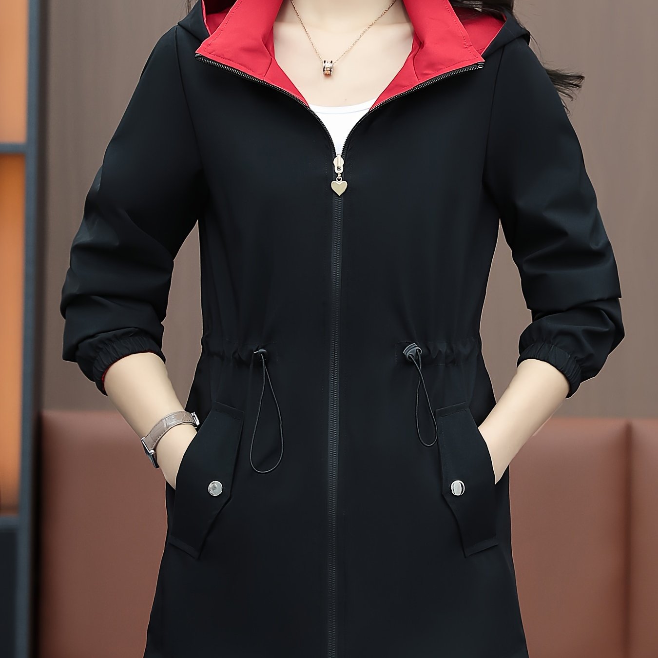 Women's Casual Zip-up Hoodie Windbreaker Jacket with Drawstring Waist, perfect for Spring & Fall.