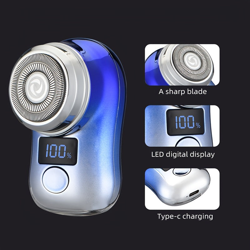 Compact and portable men's electric shaver with USB charging and digital display, perfect for business trips and as a holiday gift.