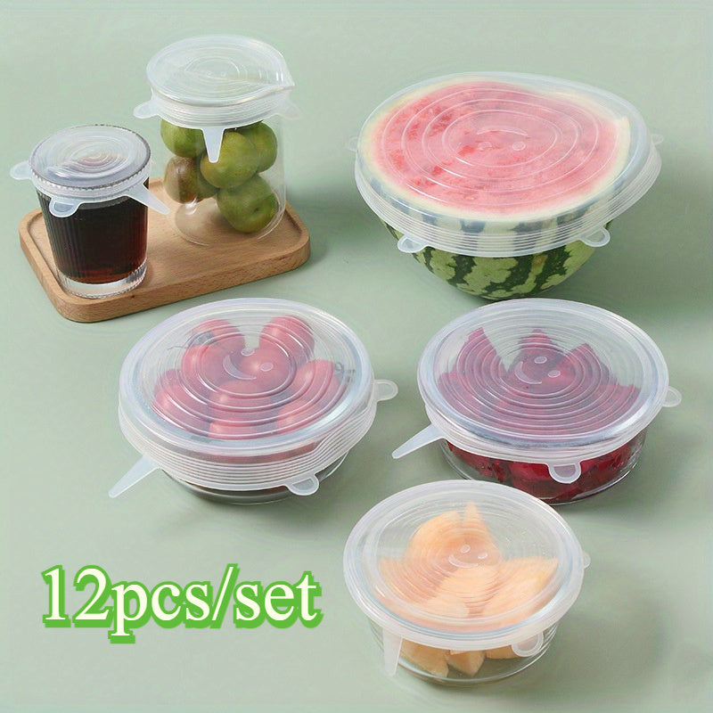 12 Silicone Stretch Lids: Reusable and Durable Covers for Food Storage Bowls, Dishwasher and Refrigerator Safe, Must-Have Kitchen Essentials.