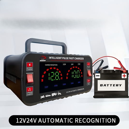 Smart car battery charger with LCD display, compatible with multiple vehicles and power supplies.