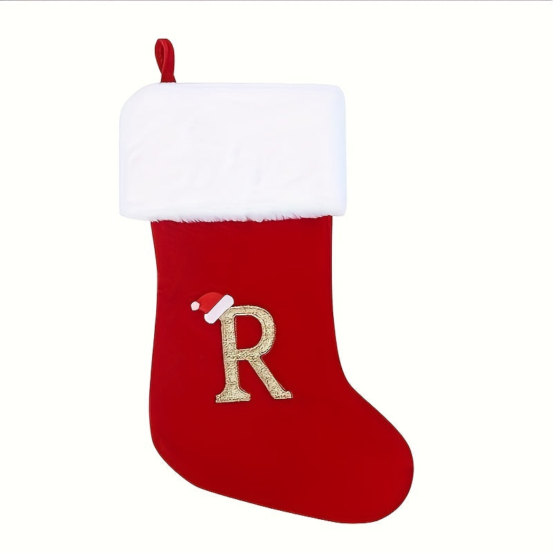 1pc Red Velvet Christmas Stocking with White Soft Cuff, Embroidered Xmas Decorations for Family Holiday Season