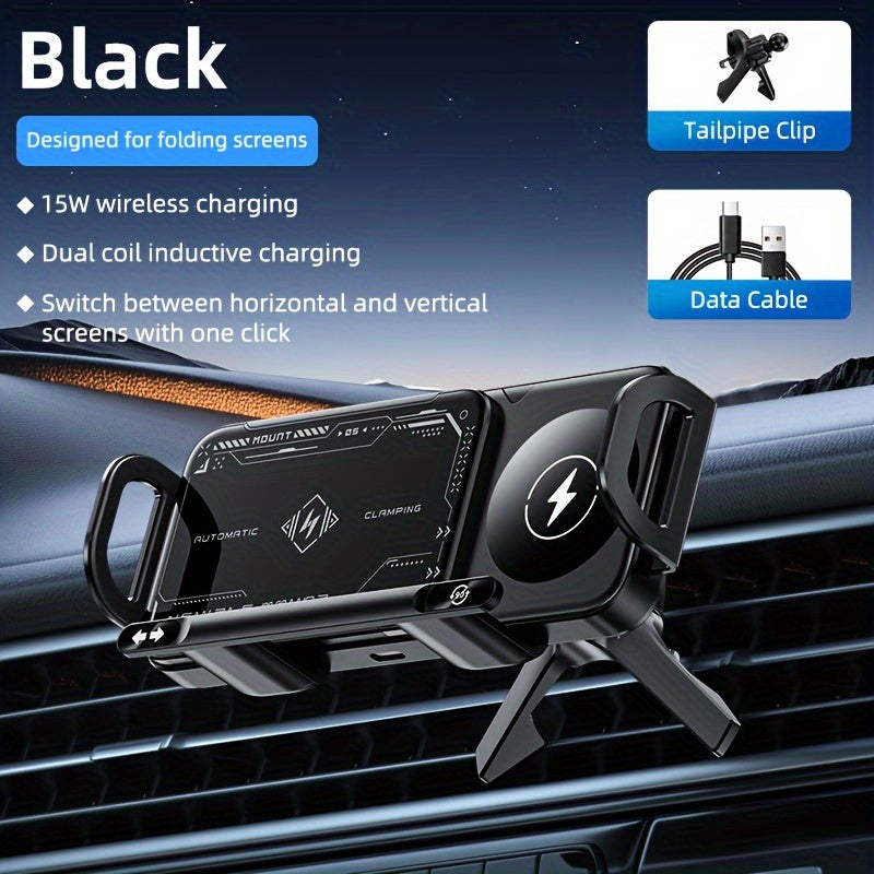 Wireless fast charging car holder for foldable screen phones, compatible with iPhone and Samsung Galaxy series. Charging output up to 15W.