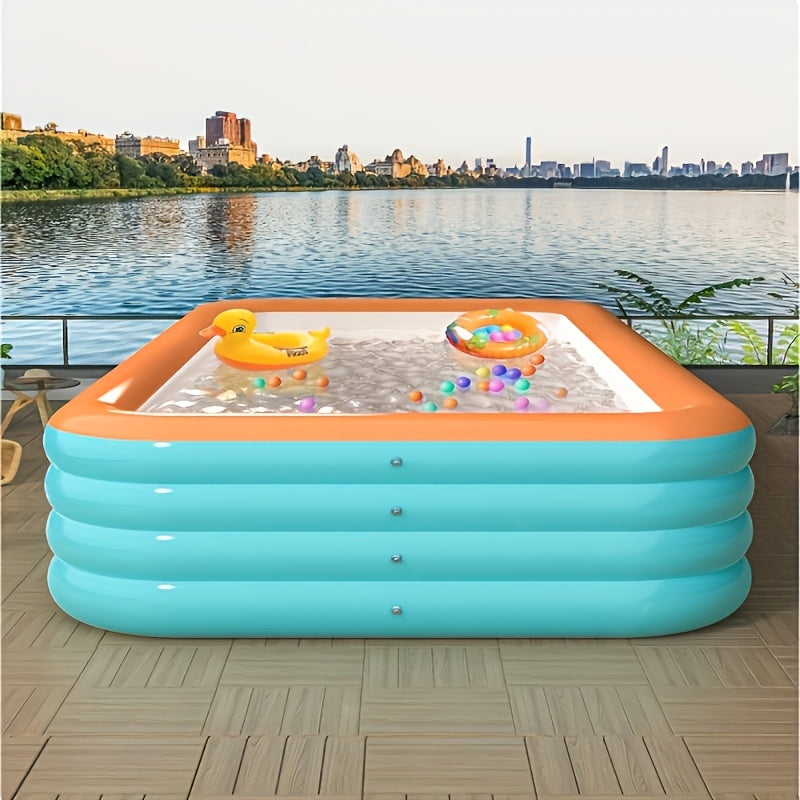 Large inflatable swimming pool for family use in outdoor areas, with multiple components for fun water parties.