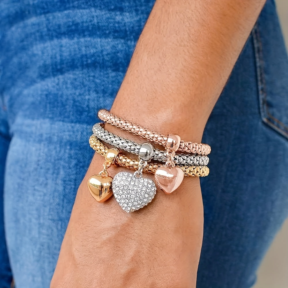 Set of 3 Silvery Rose Corn Chain Bracelets, featuring a Tree of Life and Heart Shape design, combined with elastic bands for a unique look.