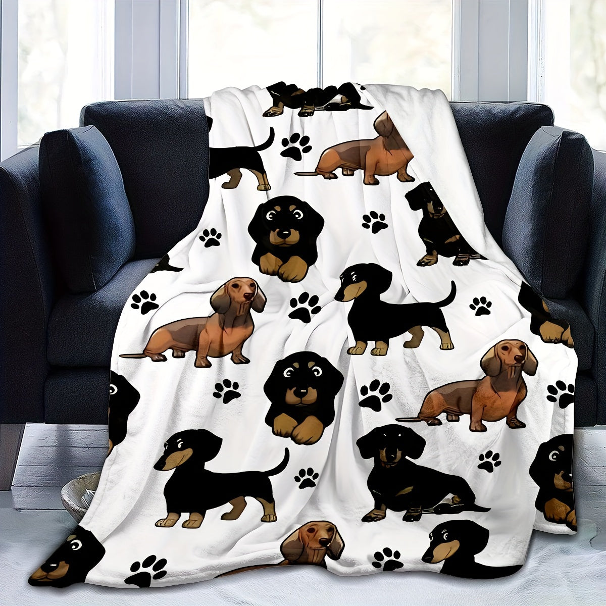 Soft and cozy all-season throw blanket with rustic dachshund dog pattern. Made from machine washable flannel fabric. Features a digital print design on 200-250g polyester material. Can be used for multiple purposes including a cozy nap blanket in your