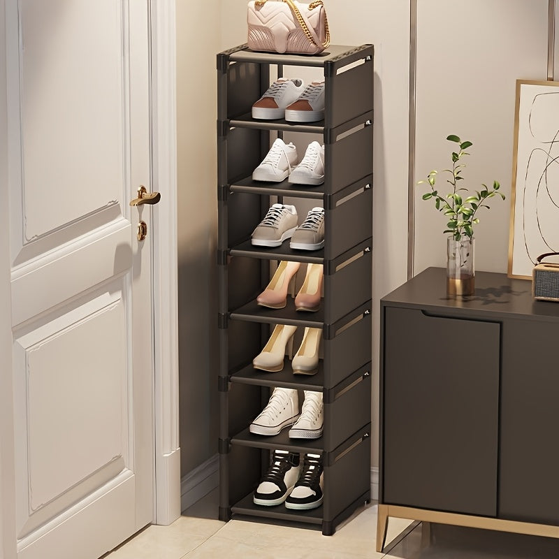 Slim shoe rack organizer with 7 tiers, made of metal and plastic, freestanding design with dust cover. Offers large capacity storage for 4-7 pairs of shoes and boots. Perfect for entryways, closets, homes, and dorms.