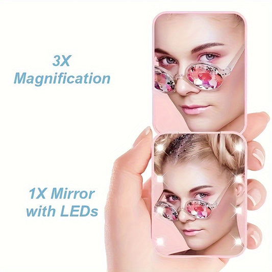 Travel-friendly LED makeup mirror with 1X/3X magnification, double-sided with lights, compact and portable for gifting.