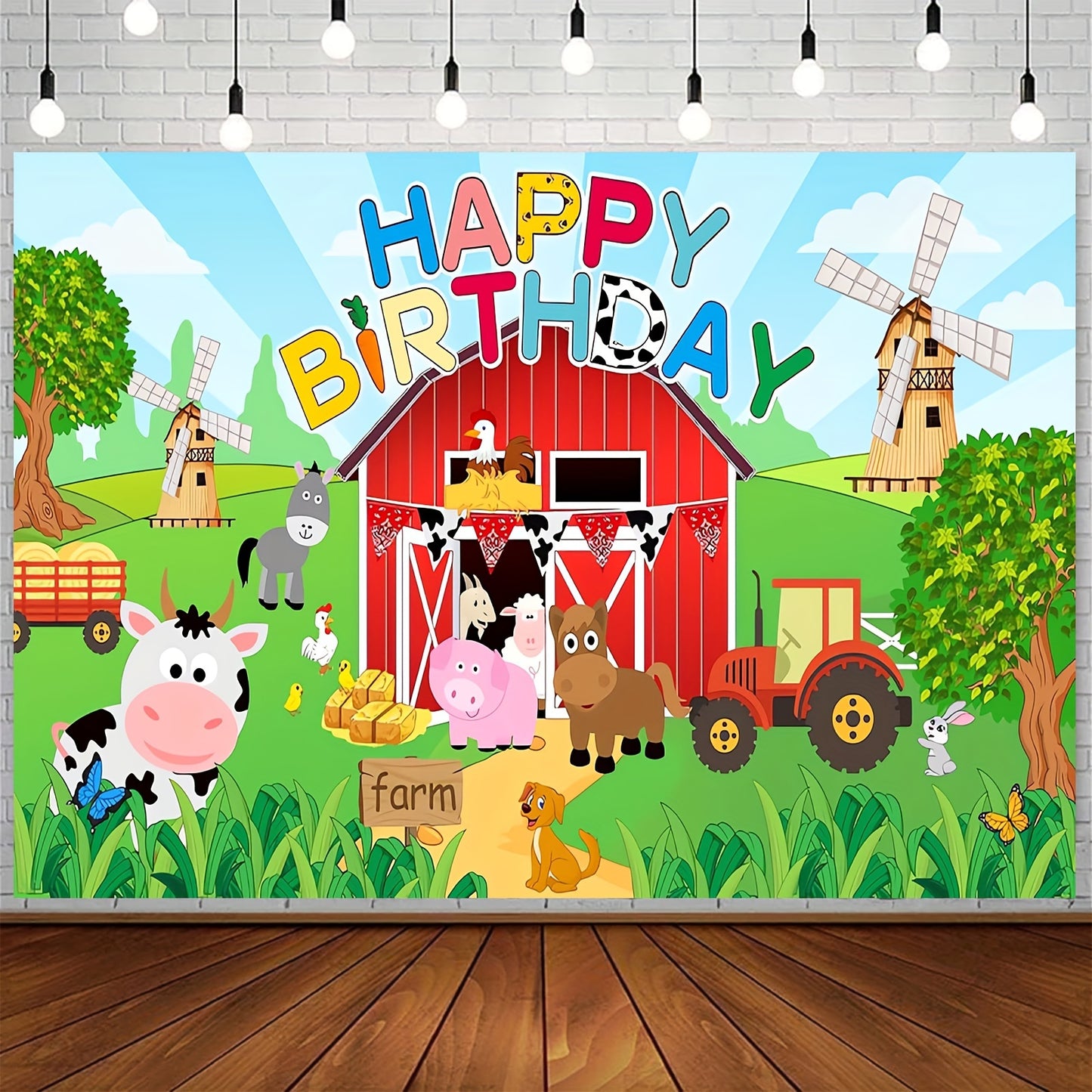 Large farm animal birthday party backdrop for kids' celebrations, 129.54x149.86cm (70.8x90.5") polyester photo background