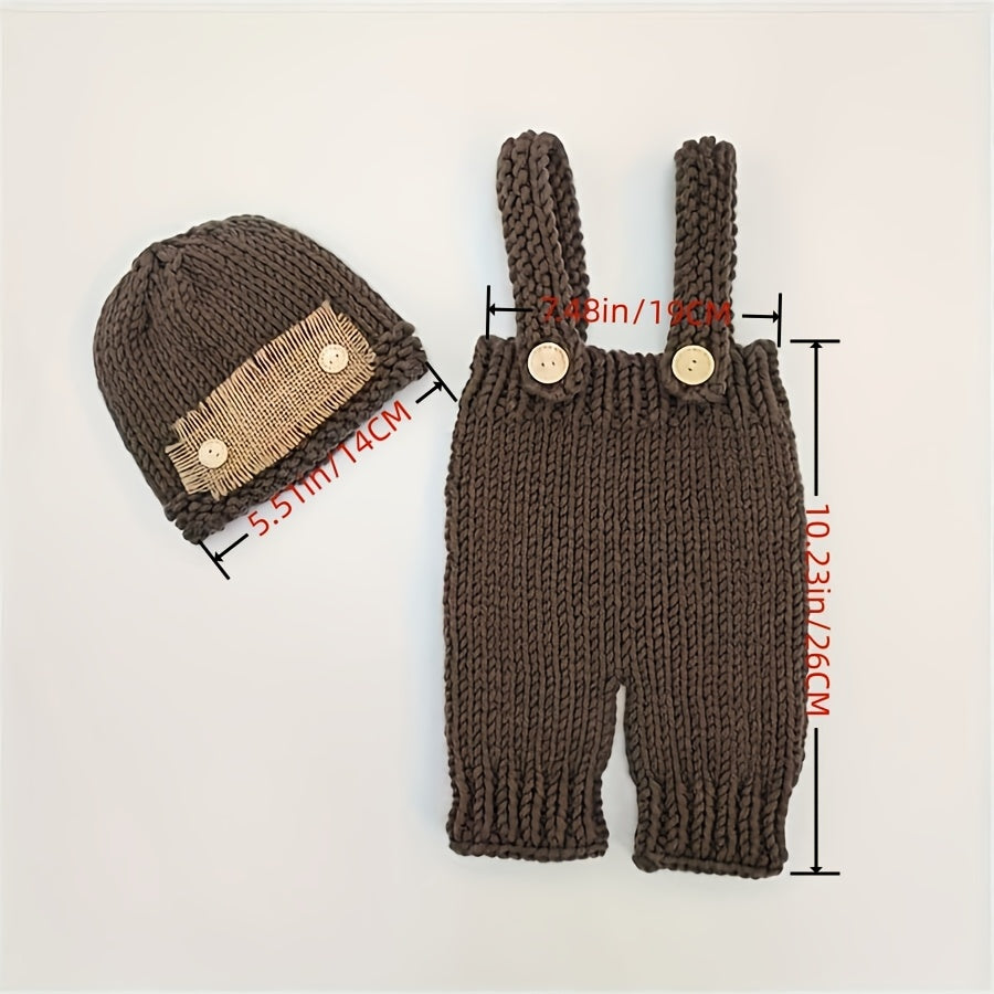 Knitted Photography Costume Set with Adorable Crochet Button Hat and Pants Overalls, Perfect for Photography Props