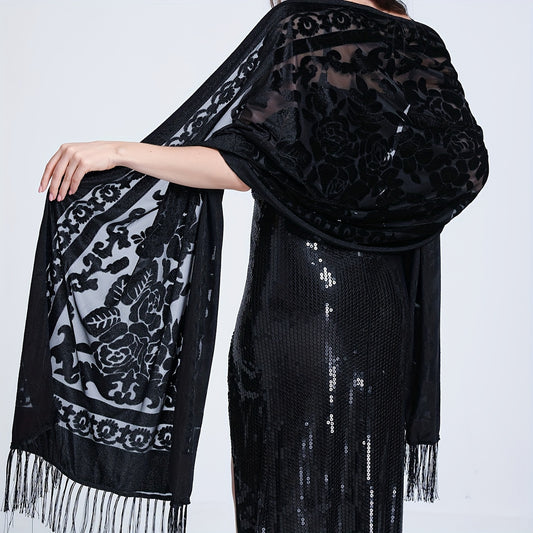 Black floral lace shawl with tassels featuring an elegant rose pattern, 3D carved design, and made of hand washable polyester. Perfect for evening events and dates.