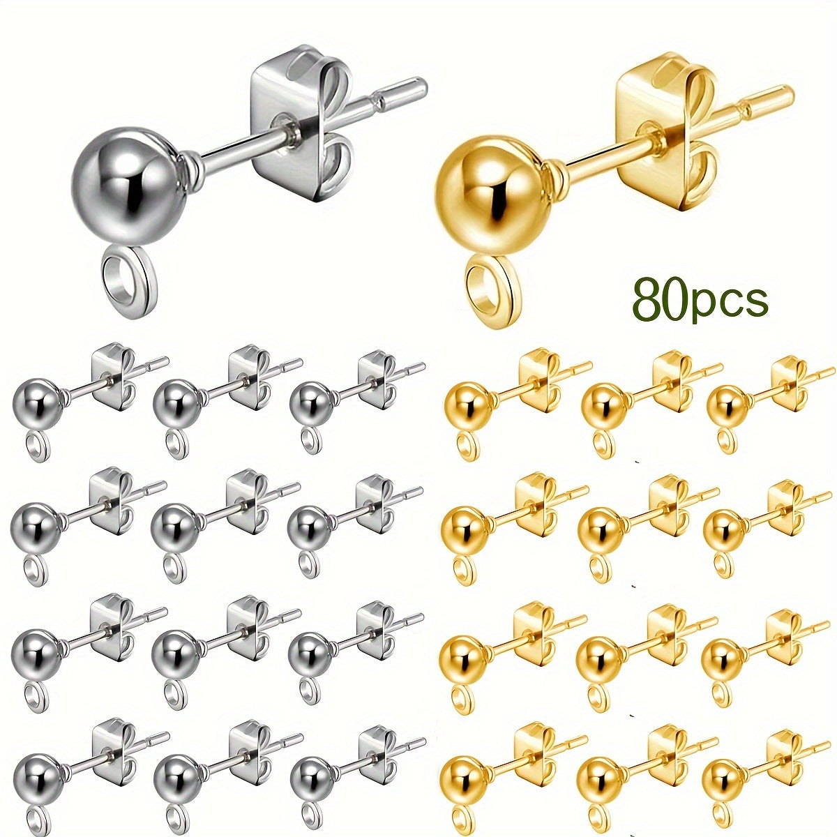 This set includes a total of 80 pieces of ball and column earrings, consisting of 40 round ball and column earrings and 40 butterfly earring backs. Perfect for DIY jewelry making, these pieces are available in both silvery and golden colors.