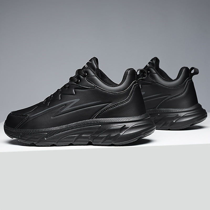 Men's black road running shoes with a casual sporty style, durable rubber sole, comfortable fabric lining, and low-top lace-up design. Suitable for all seasons, these athletic sneakers are