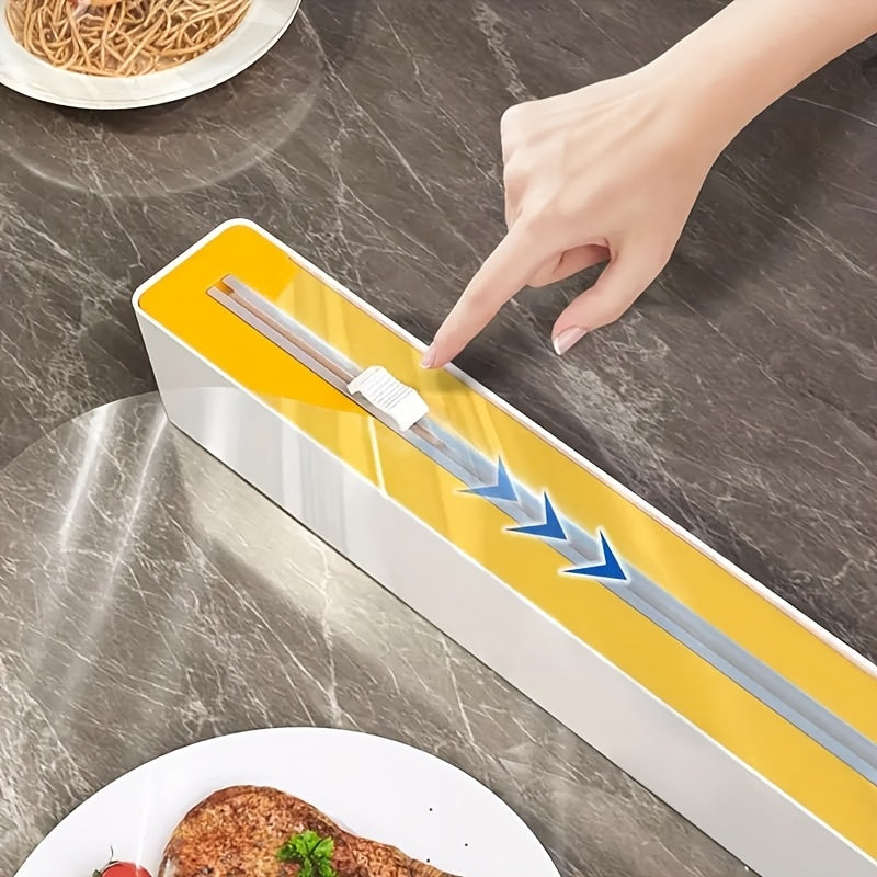 2-in-1 Kitchen Packaging Dispenser with Cutter - Reusable cling film and baking tin foil cutter with double-sided sliding knife cutting box for household wall mounted storage.