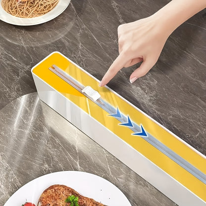 2-in-1 Kitchen Packaging Dispenser with Cutter - Reusable cling film and baking tin foil cutter with double-sided sliding knife cutting box for household wall mounted storage.