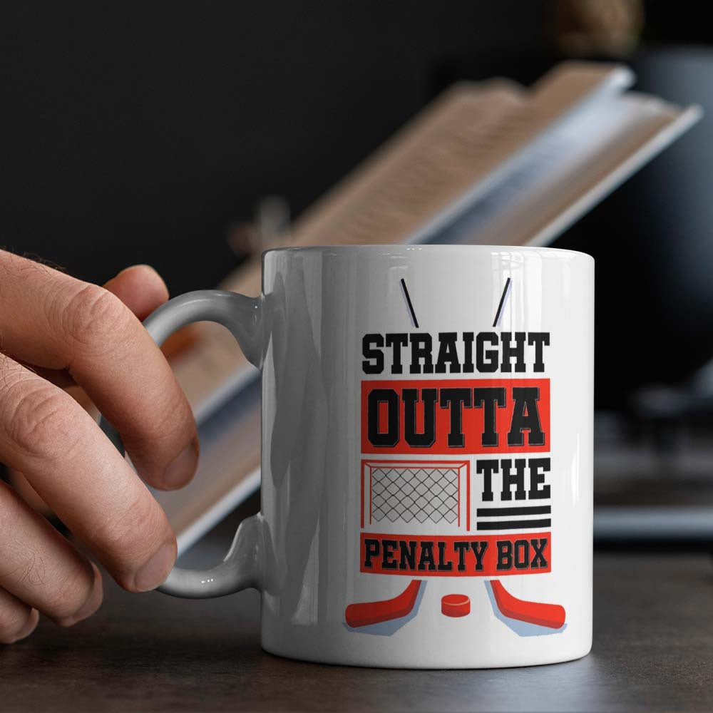 One hockey-themed ceramic mug, 11oz size, safe for food, doesn't require electricity, perfect for office, camping, dining - featuring the "Straight Outta The Penalty Box" design.