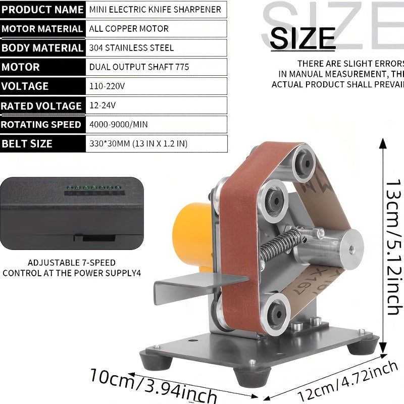 Electric Mini Belt Sander with 7 speeds and 220V Type C plug for metal and wood polishing, rust removal, DIY handcraft, and knife sharpening.