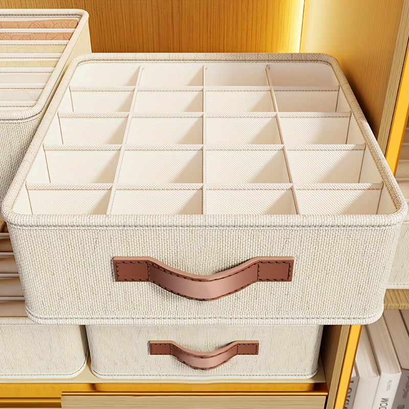 Beige foldable drawer organizer with rose gold handles for socks, underwear, and accessories. Ideal for contemporary closet organization.