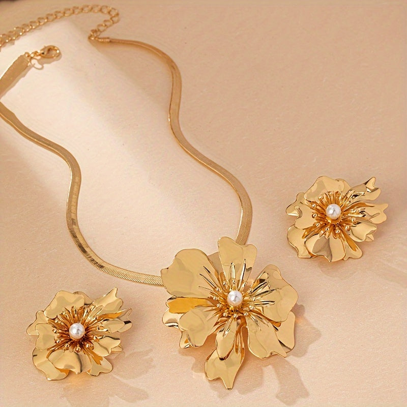 This exquisite 2-piece jewelry set exudes classic European sophistication. Featuring a luxurious golden metal flower pendant on a delicate snake chain necklace, paired with matching earrings, these elegant accessories are ideal for women seeking a touch