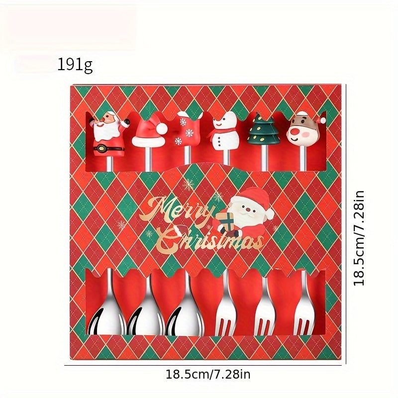 Set of 6 cute doll Christmas spoons, ideal as a Christmas gift. Includes spoons, forks, and coffee spoons featuring Christmas tree designs.