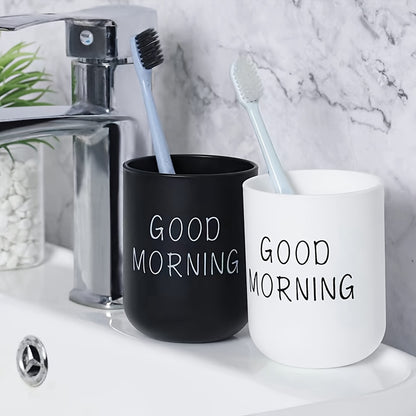 Durable plastic toothbrush holder for couples, ideal for bathroom organization and decor, can hold toothbrushes, toothpaste, and cups.