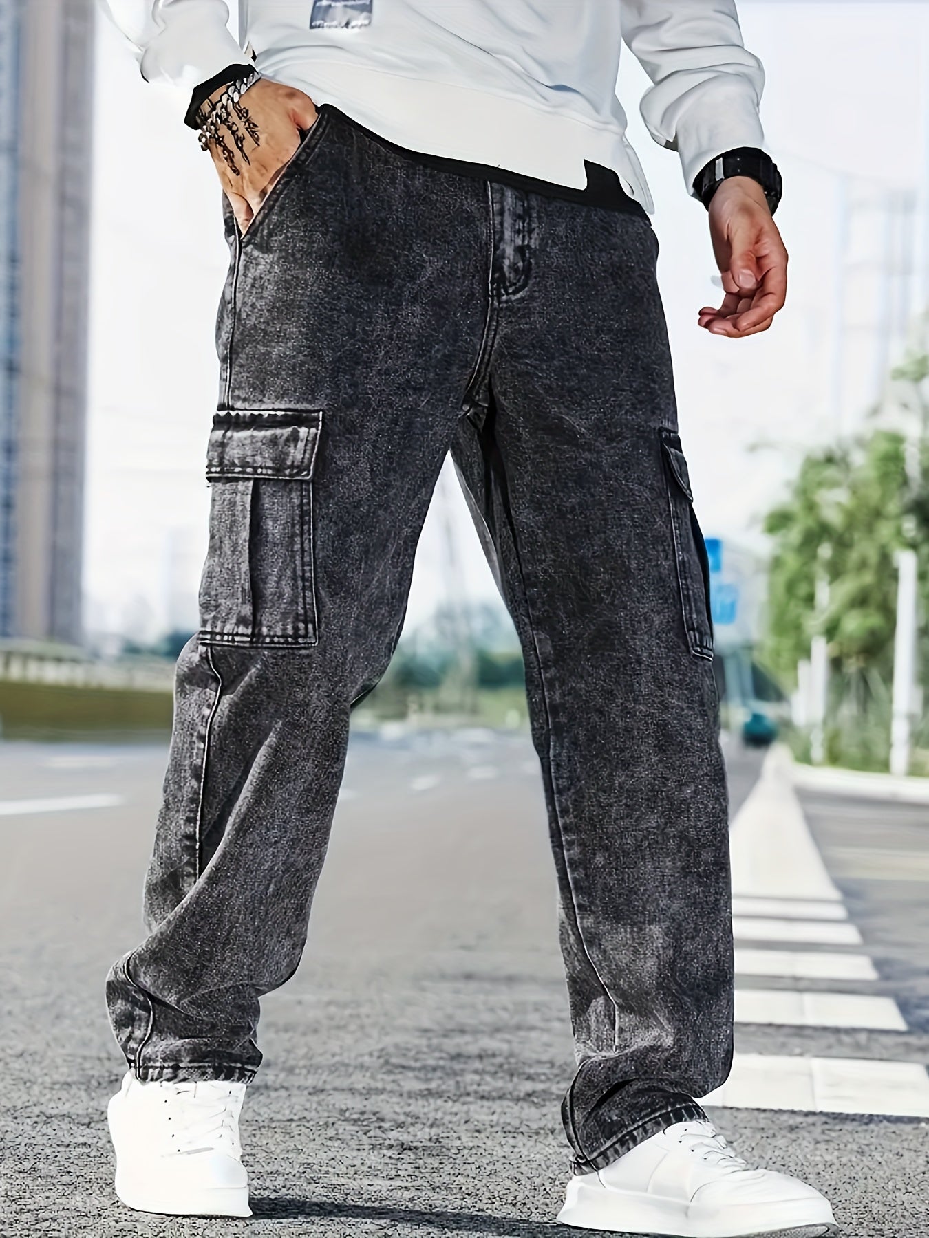 Fashionable plus size men's denim jeans with stretch fabric and multiple pockets for all-season comfort.