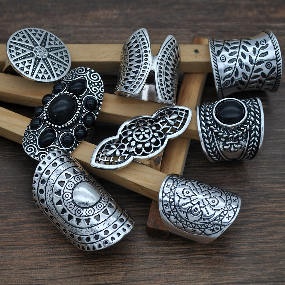 A collection of 8 autumn and winter themed retro rings featuring wide faces, exaggerated bohemian style, and intricate three-dimensional carvings. Perfect for everyday wear or as a special gift for friends during any occasion.