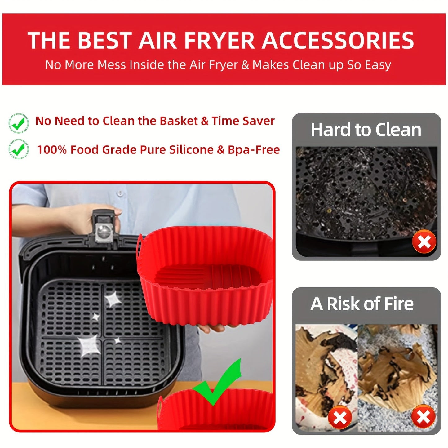 Silicone Air Fryer Liner in 5pcs set, each measuring 19.0cm. Also includes Square Air Fryer Liners Pot and BPA-Free Silicone Basket Bowl. These reusable Baking Tray liners are Dishwasher Safe and make for convenient Oven Accessories. Essential Baking