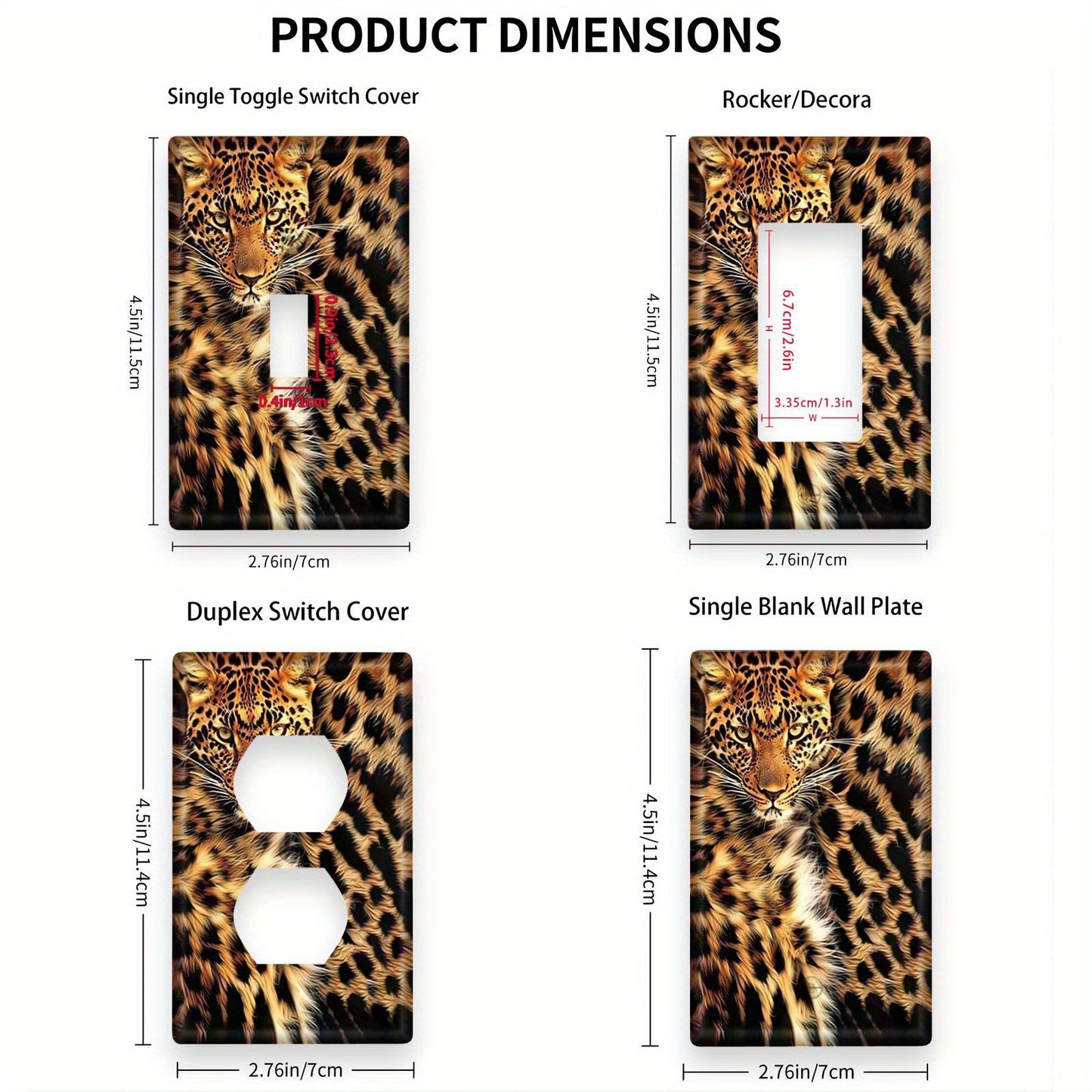 Leopard fur print wall plate cover for indoor and outdoor home decor.