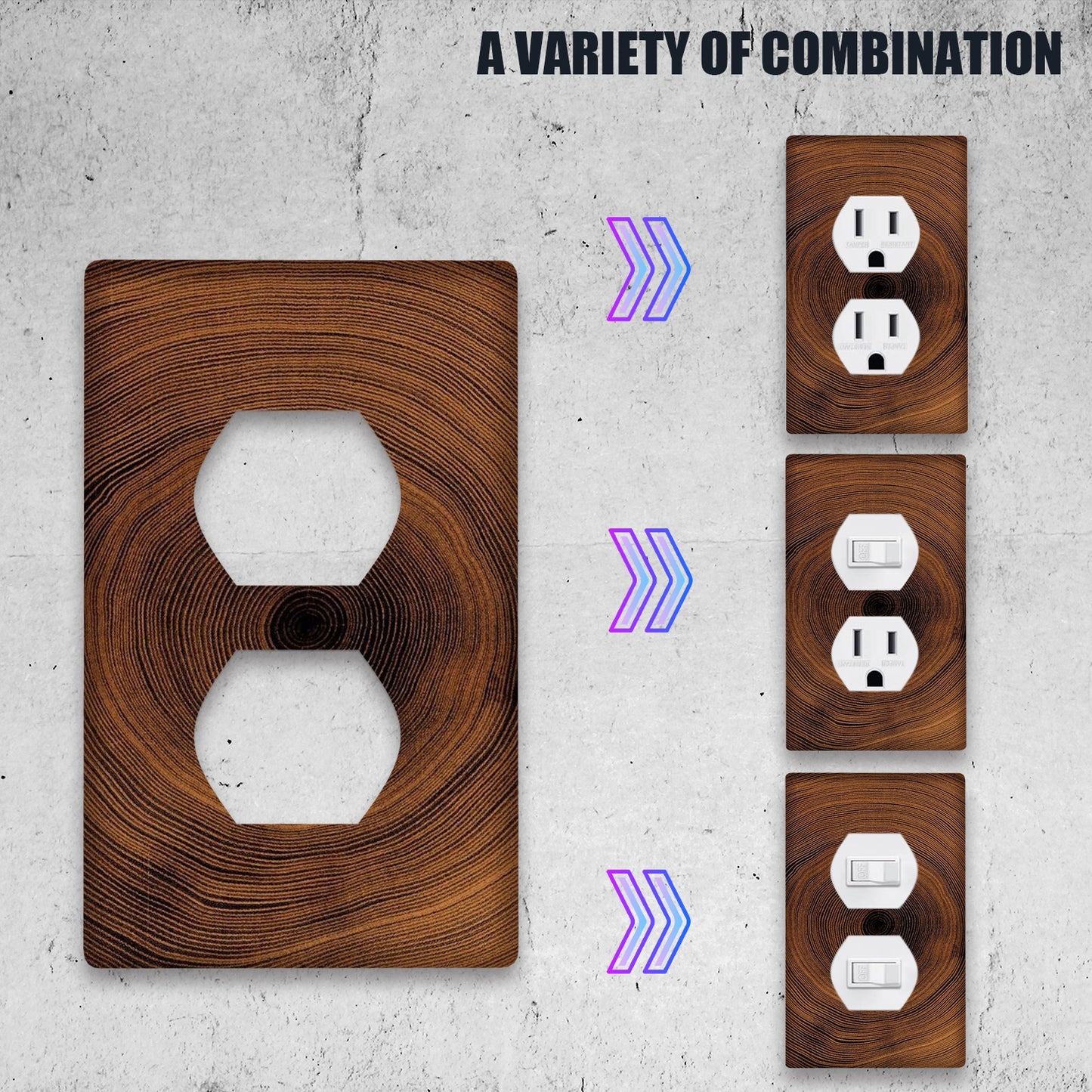 Wood wall panel with decorative light switch and socket cover featuring wood grain ring pattern. Easy to install indoors or outdoors without needing power.