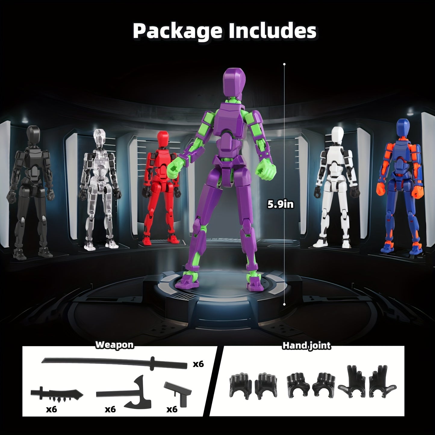 6-piece T13 robot action figure set, articulated dummy toy printed in 3D, ideal birthday gift for 3-8 year old collectors.