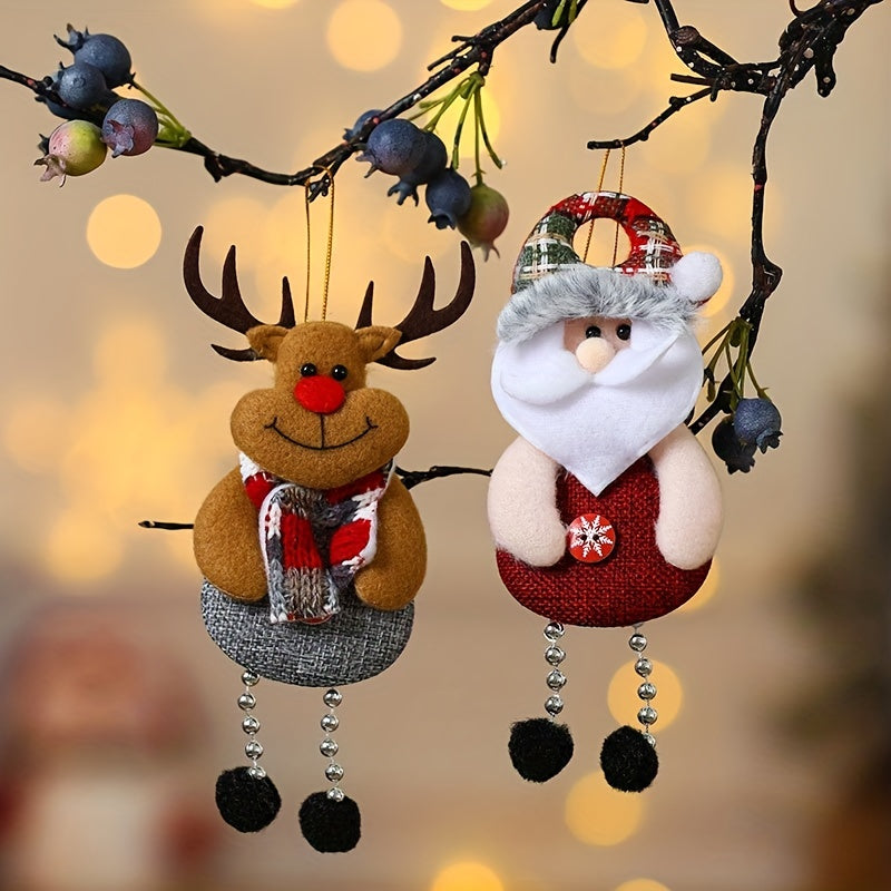 Set of 4 festive Christmas hanging pendants featuring Santa, snowman, reindeer, and bear decorations for tree and home decor. Perfect for holiday party and room decorations.