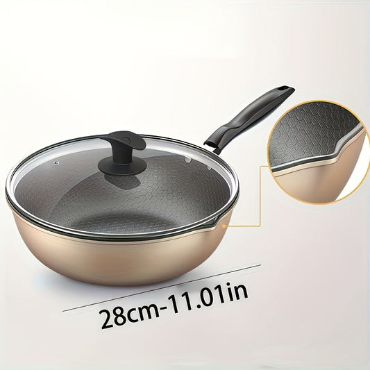 Single-handled cast iron skillet with a honeycomb non-stick surface and lid. This versatile pan is suitable for frying, stewing, and grilling both indoors and outdoors on electric and gas stoves. Please hand wash only.