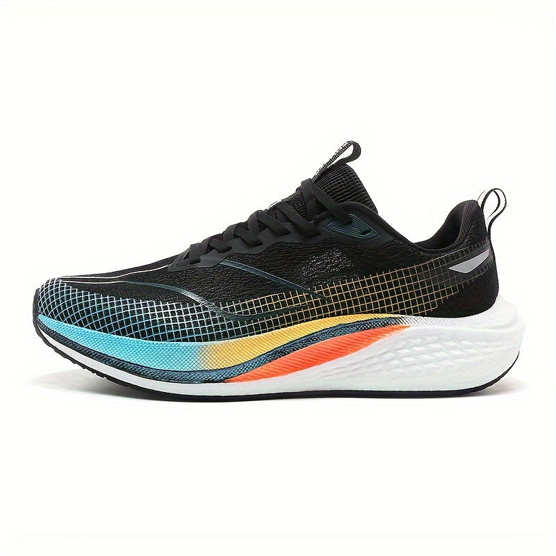 Men's road running shoes with breathable fabric upper, stripes, low-top design, lace closure, rubber sole, and lightweight minimalist design. Suitable for daily, casual, and running