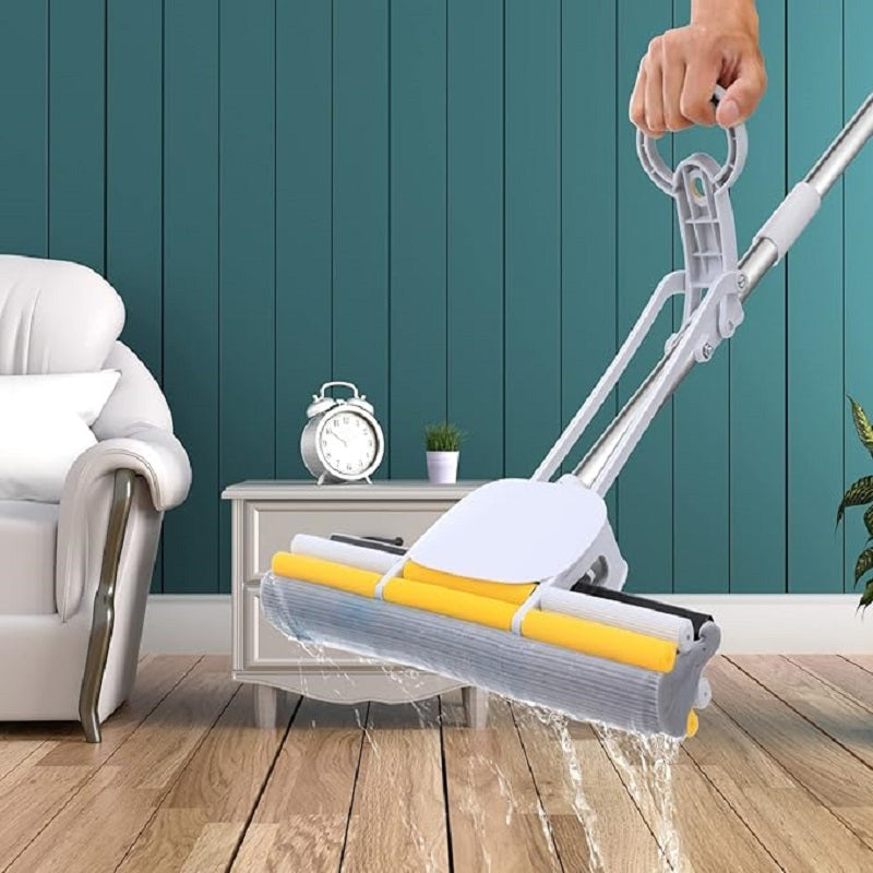 This Sponge Mop has a long handle and a self-twisting feature, with a 15-inch head suitable for cleaning kitchen and bathroom tiles. It can be used for both wet and dry floor cleaning, making it a versatile tool for keeping floors spotless.