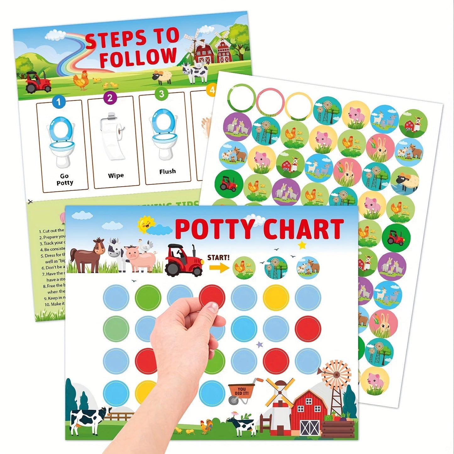 Sticker charts for children's toilet training featuring mermaid, car, and farm designs. Includes stickers for Christmas, Halloween, and Thanksgiving gift rewards.