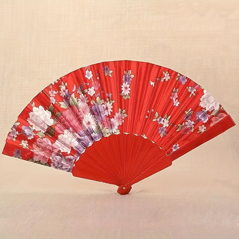 Silk fabric foldable fan for women - suitable for dancing, gifting, square dancing, or as an antique fan - made of high-quality plastic material.