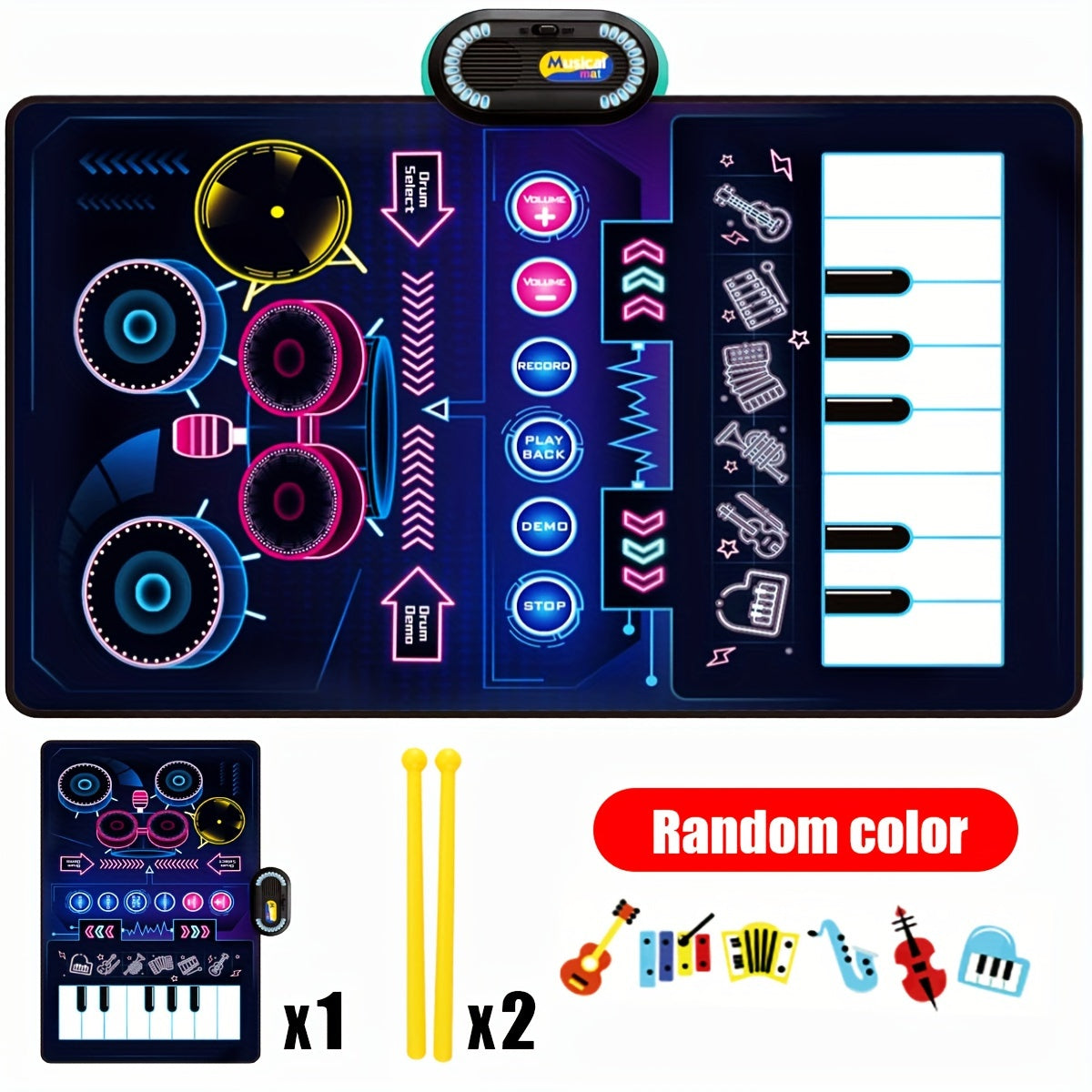 Interactive 2-in-1 Musical Play Mat & Drum Set for Youngsters - Educational Piano Keyboard Toy with Colorful Sound, Dual Instruments, Durable Polyester, Battery Operated, Random Colors