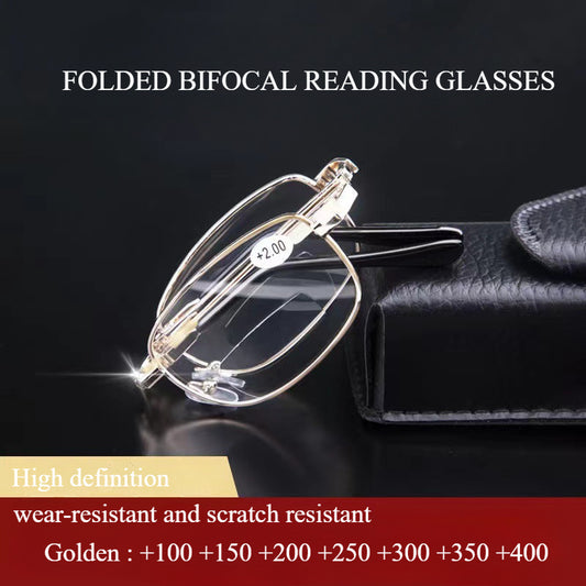 Foldable Golden Dual Light Reading Glasses with Bi-Focal Lenses (+1.0~+4.0) in Stylish Metal Frame. Portable and Scratch-Resistant for Office, Home & Travel. Comes with Case.