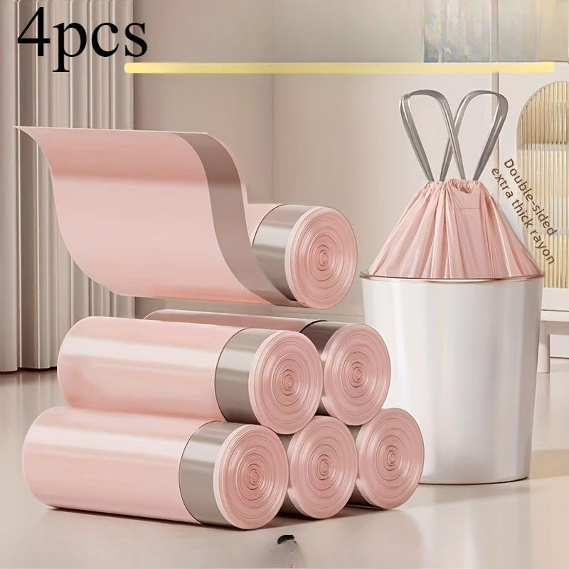 4 or 8 packs of Extra Thick Pink Drawstring Trash Bags, with a total of 400 or 800 bags. Made from puncture-resistant plastic, these garbage bags are suitable for use in the kitchen, bedroom, living room, and bathroom. Versatile and disposable, these