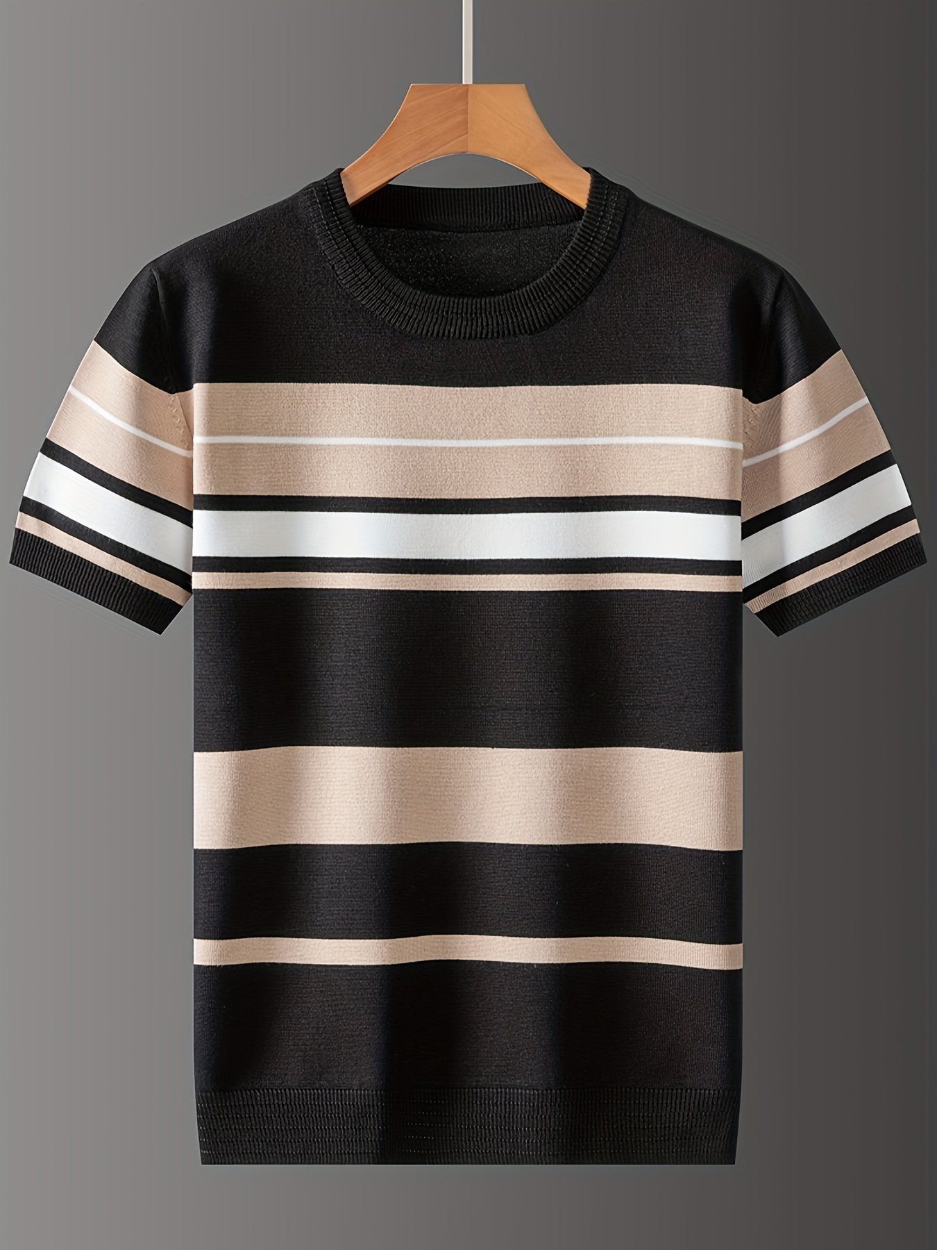 Men's casual striped crew neck pullover sweater with medium stretch, regular sleeves, suitable for spring/fall.