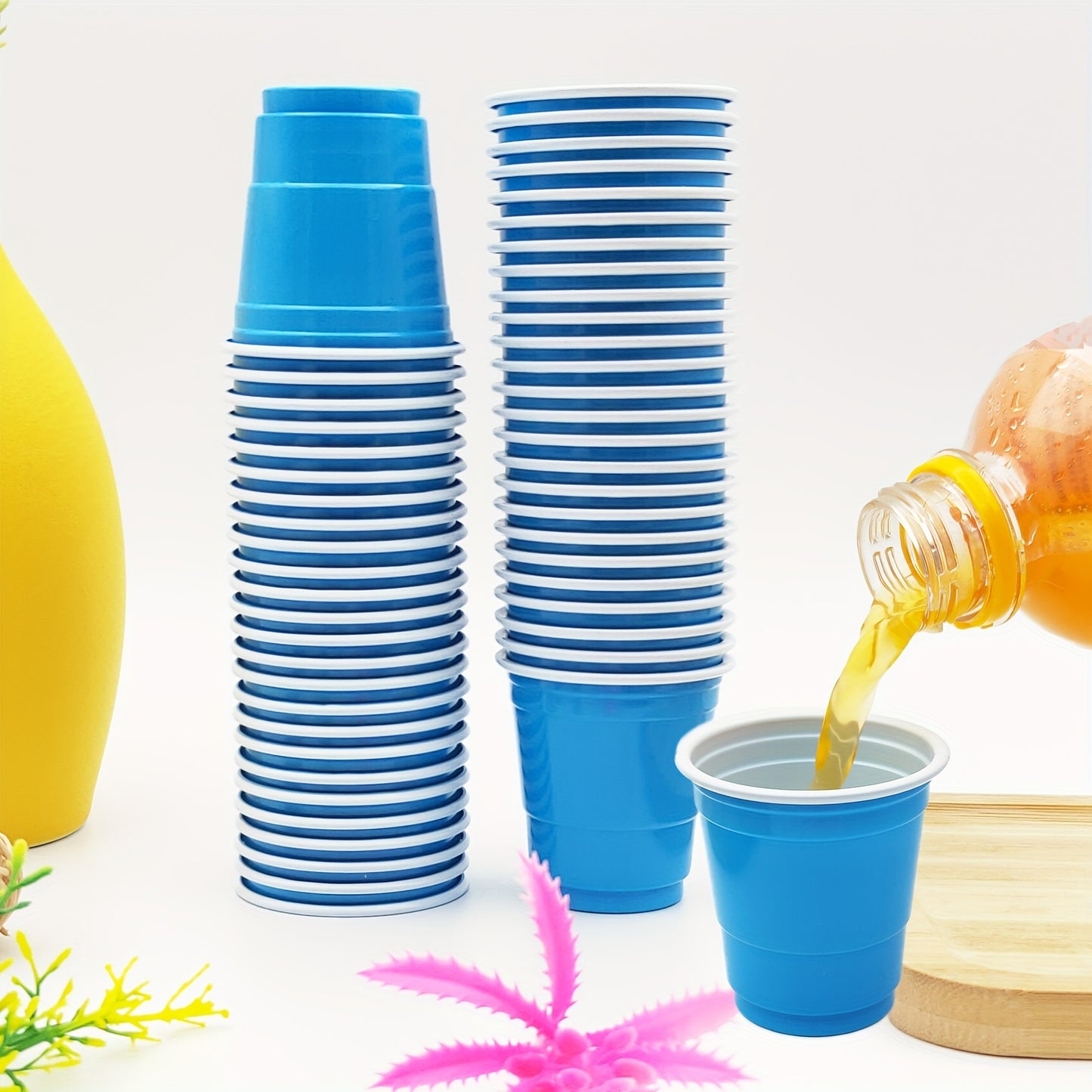 50 two-tone 2oz plastic party shot cups for various occasions like weddings, banquets, parties, and outdoor events.