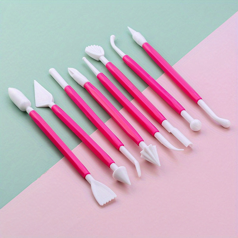 Set of 8 fondant cake decorating tools with 16 patterns for carving flowers, crafting clay, modeling, and baking accessories.