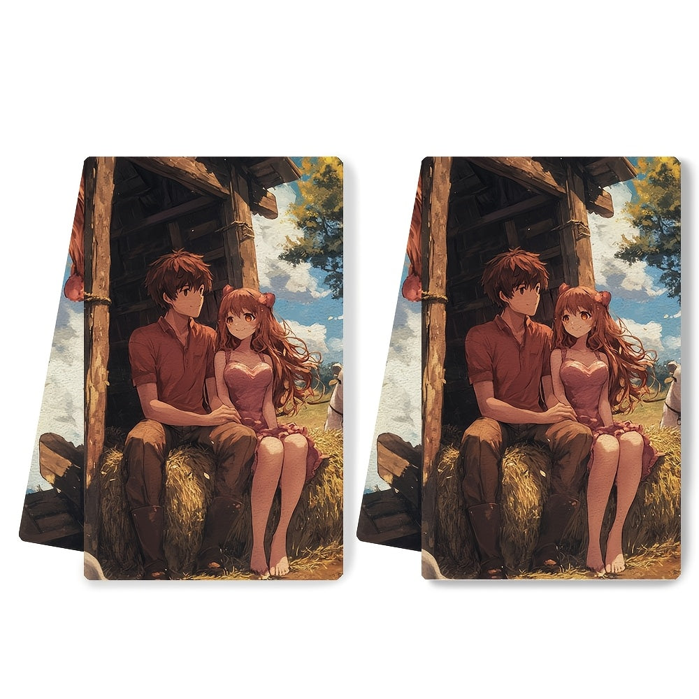 This set includes 2 ultra-soft kitchen towels with an anime couple seated on a heart-shaped hay bale at a farm, feeding animals. These dish towels are highly absorbent, perfect for holiday decoration, machine washable, and measure 40.64X60.96 cm.