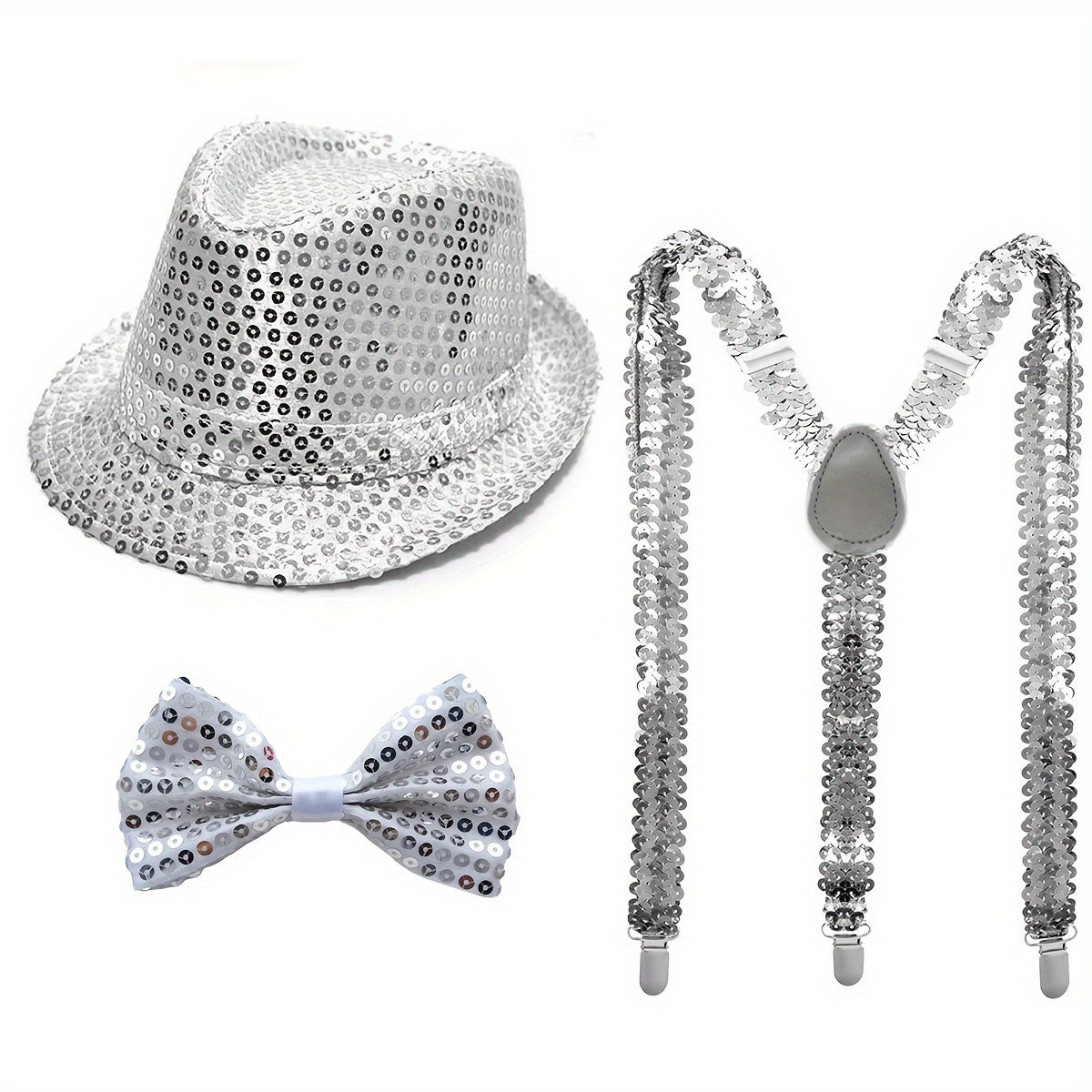 D EXCEED offers a set of three Disco sequin fedora hats with retro glitter accessories.