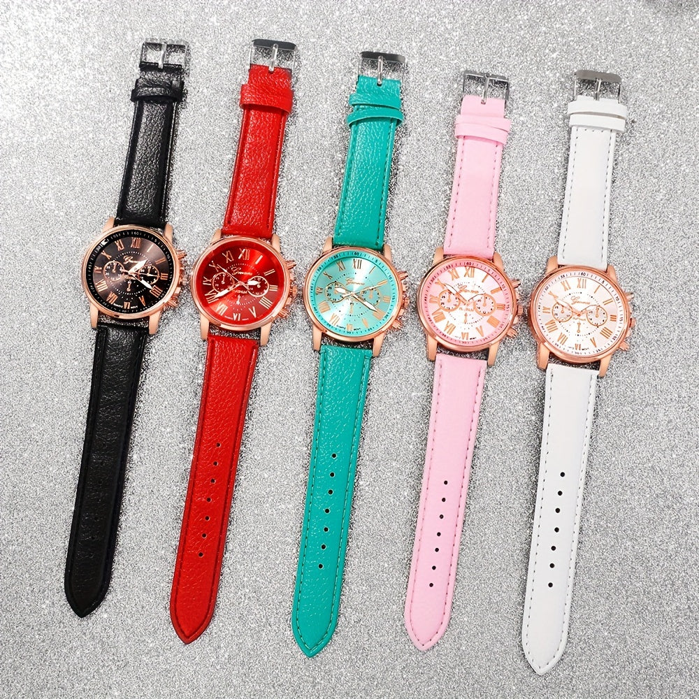 6pcs women's quartz watch set with fashionable round dial and Roman numerals. PU leather strap, zinc alloy case. Ideal gift for elegant ladies. Non-rechargeable battery included. Suitable