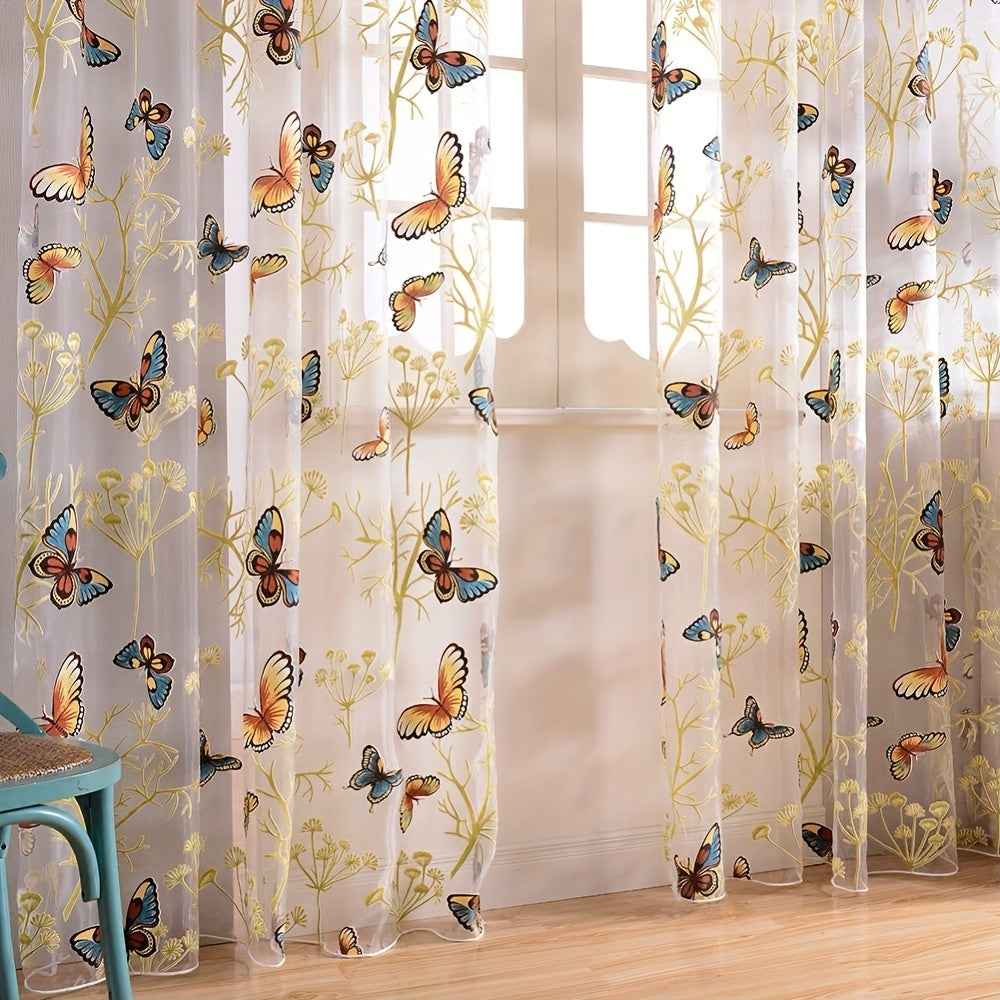 Elegant Butterfly Print Sheer Curtain with Grommet Top - Tulle Window Treatment for Bedroom, Office, Kitchen, Living Room, or Study - Stylish Home Decor Piece