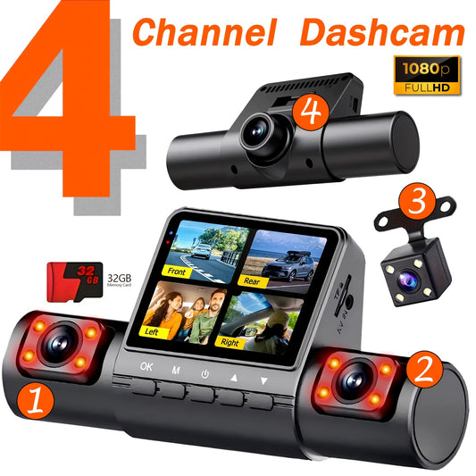 4 Channel Black Box Dash Cam with Front FHD 1080P and Rear Night Vision