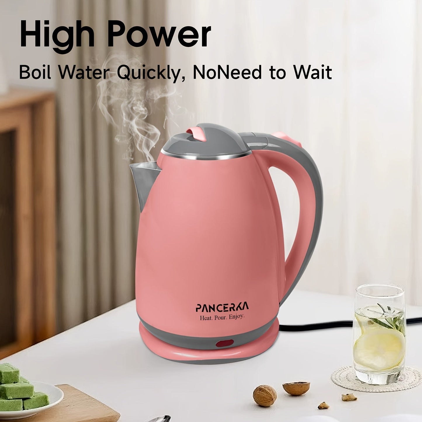 Get ready to experience quick and convenient boiling with the 1pc PANCERKA Electric Kettle. This 1500W kettle can rapidly boil 1.8L of water with its auto shut off feature for safety. Made of stainless steel, it is powered by a 220V European Standard