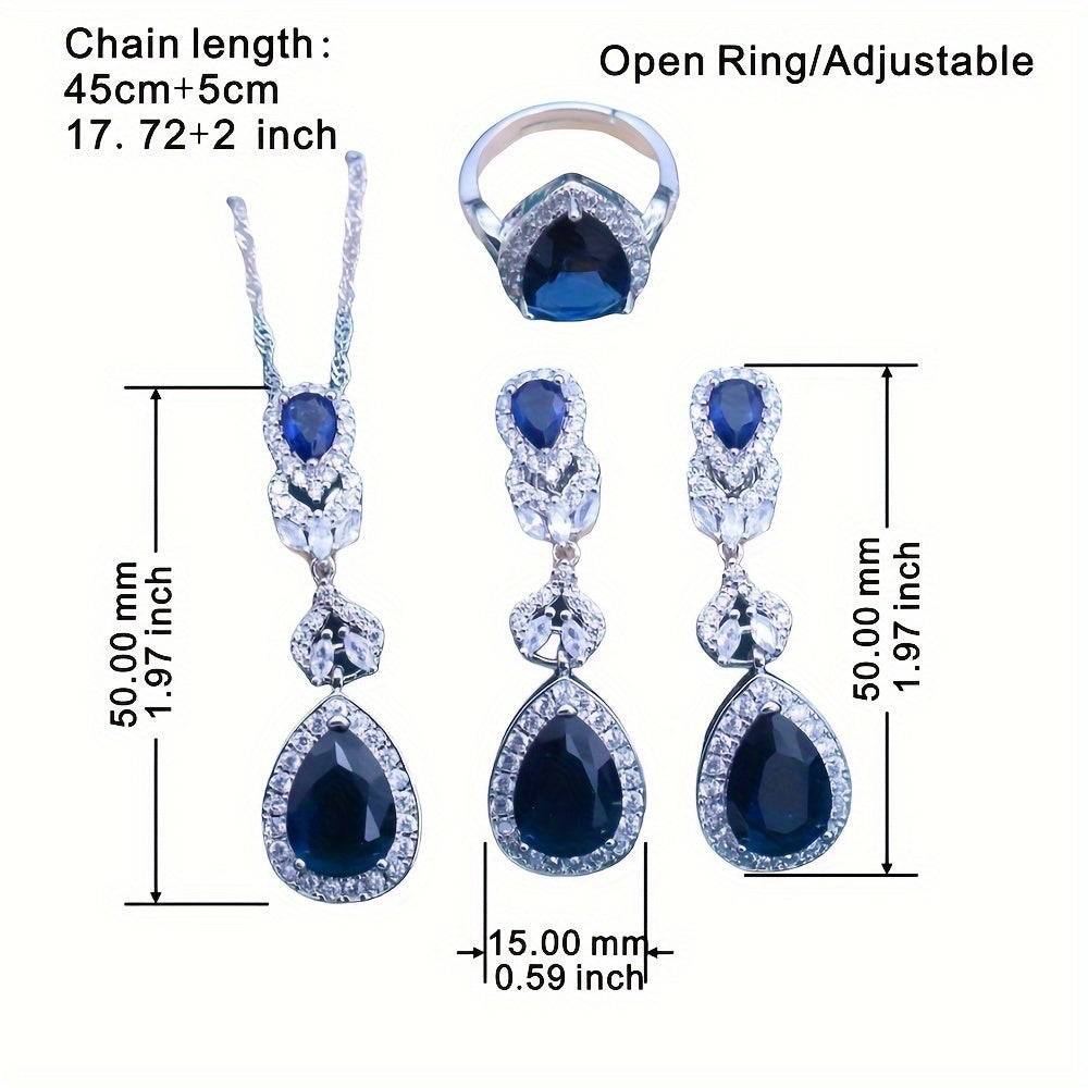 Sophisticated Copper Jewelry Set featuring Synthetic Blue Gemstones, Platinum-Plated Necklace, Ring, Earrings, and Bracelet. Hypoallergenic and suitable for both everyday wear and special occasions. A perfect gift for Valentine's Day. (5-piece Set)